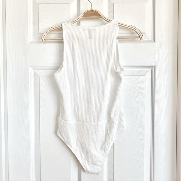 Ivory White Ribbed Lace-Up Tank Top Bodysuit - Picture 4 of 5